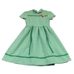 SYLVIA WHYTE VTG‎ Applique Embroidered Tie Back Green White Gingham Dress Sz 12
